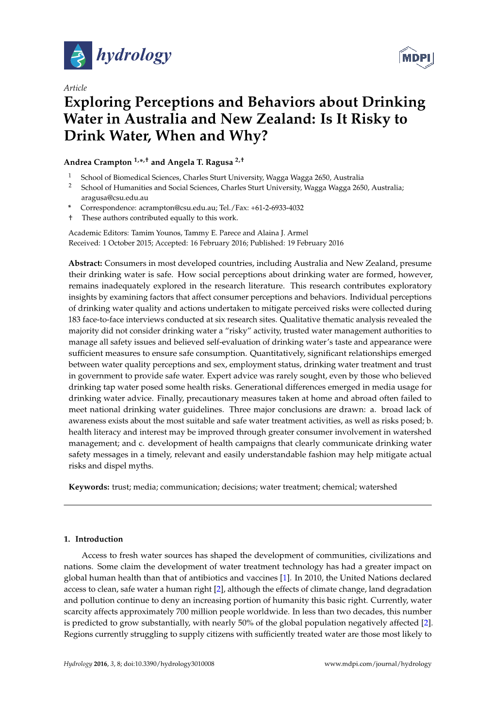 Exploring Perceptions and Behaviors About Drinking Water in Australia and New Zealand: Is It Risky to Drink Water, When and Why?