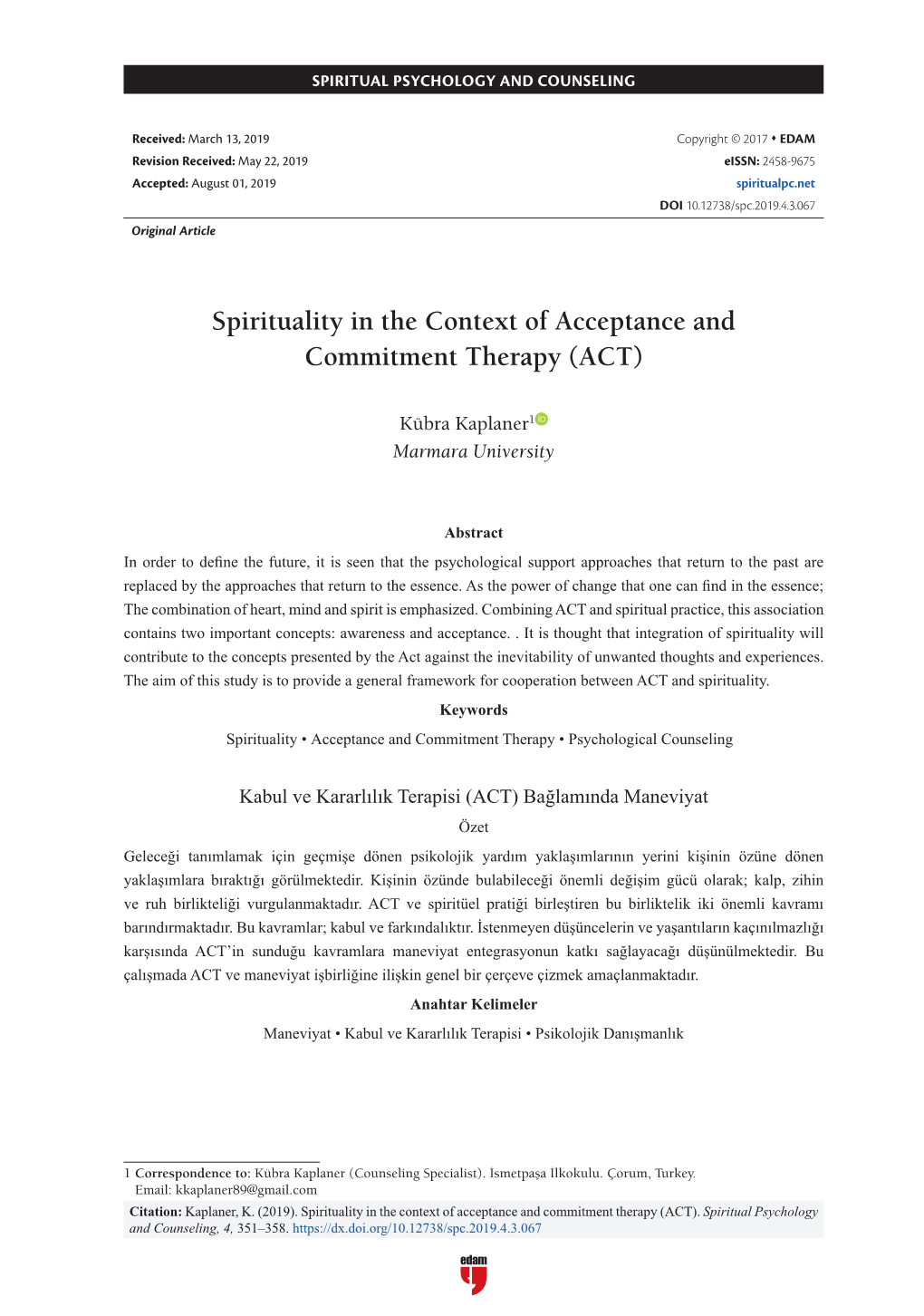 Spirituality in the Context of Acceptance and Commitment Therapy (ACT)