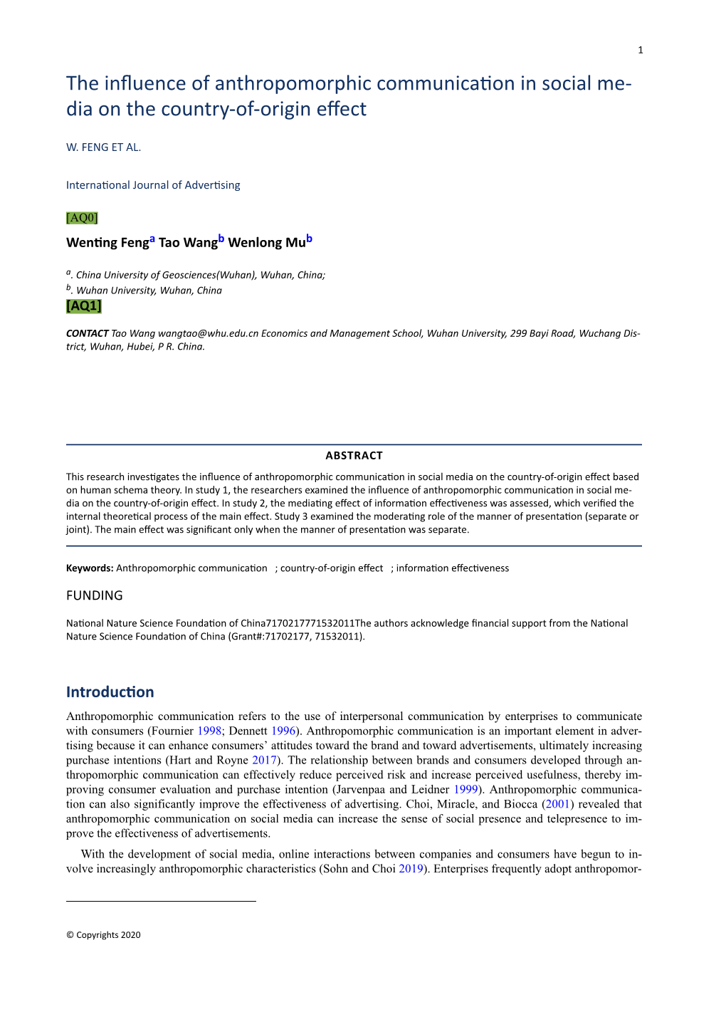 The Influence of Anthropomorphic Communication in Social Me- Dia on the Country-Of-Origin Effect