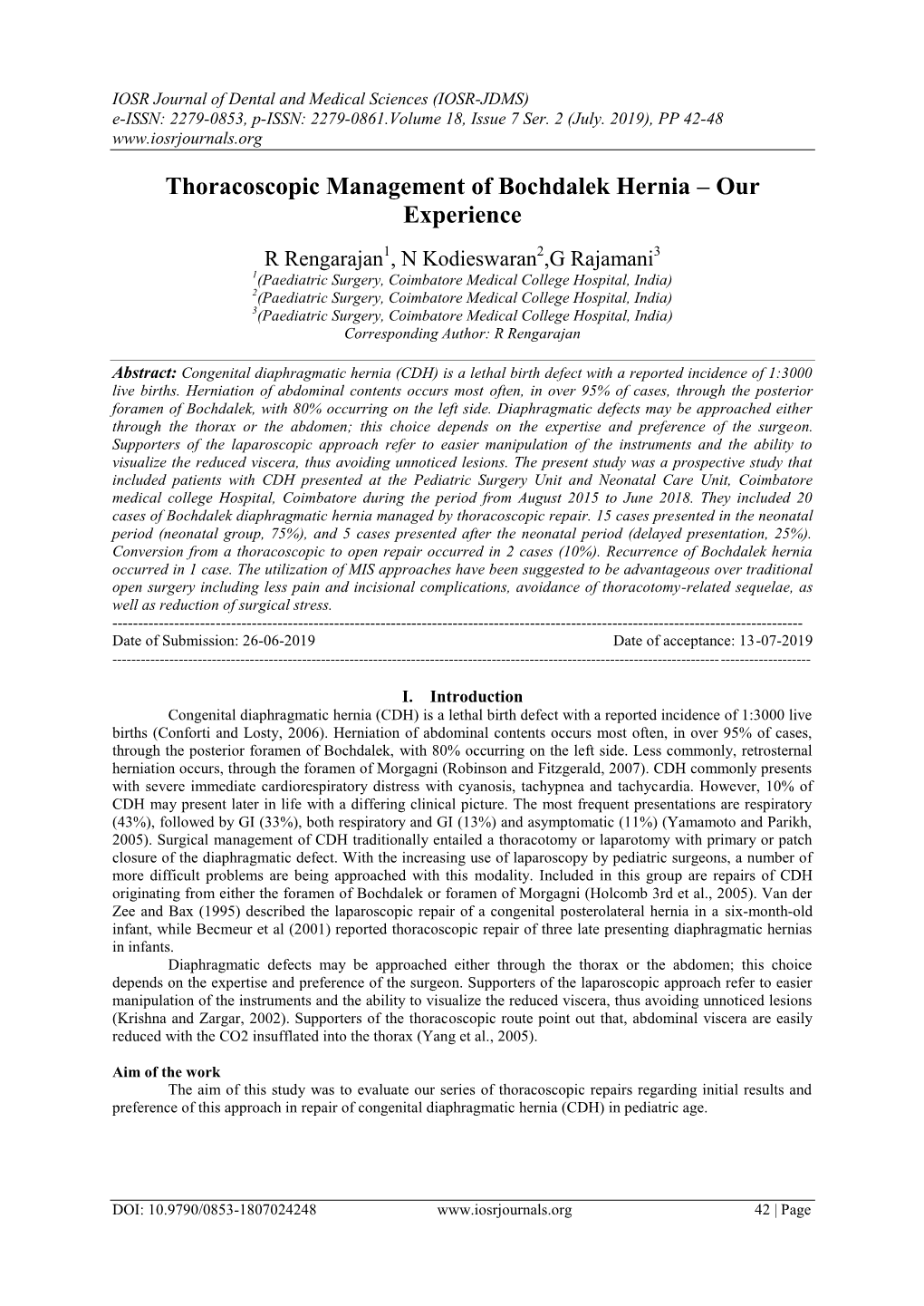 Thoracoscopic Management of Bochdalek Hernia – Our Experience