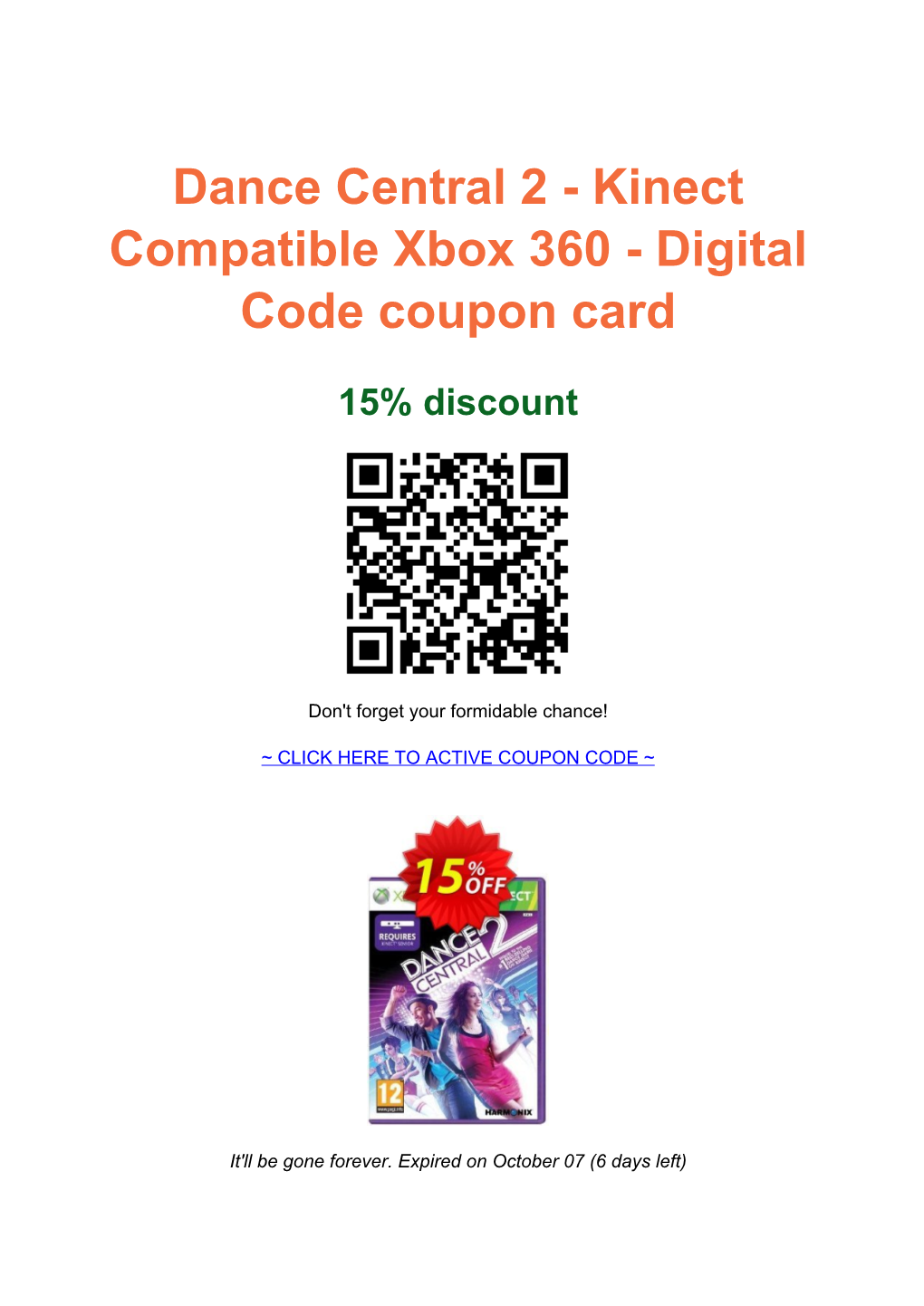 Dance Central 2 - Kinect Compatible Xbox 360 - Digital Code Coupon Card