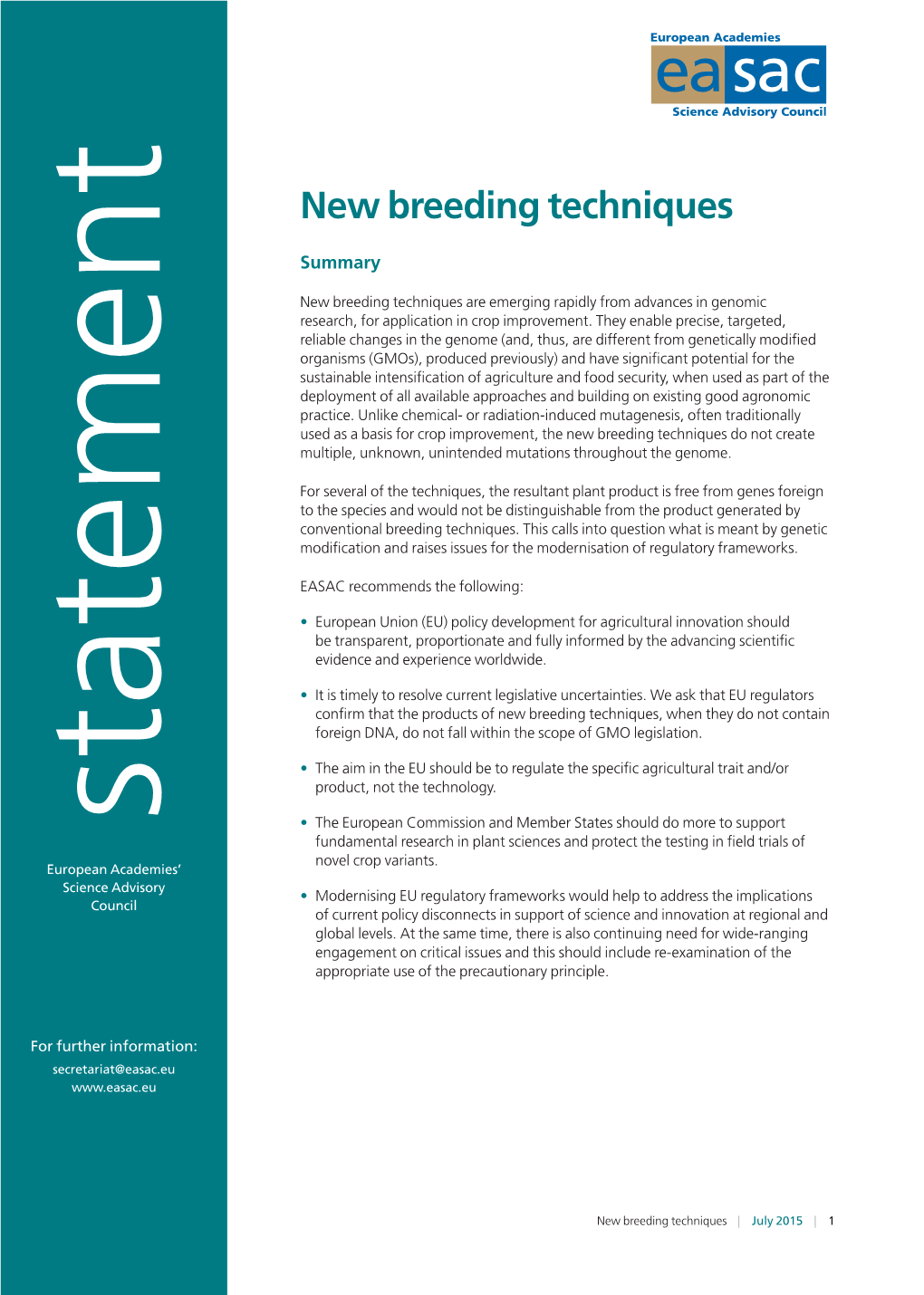 EASAC Statement on New Breeding Techniques