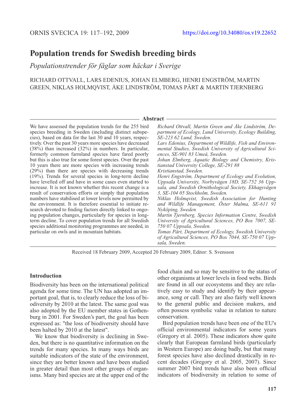 Population Trends for Swedish Breeding Birds Populationstrender För Fåglar Som Häckar I Sverige