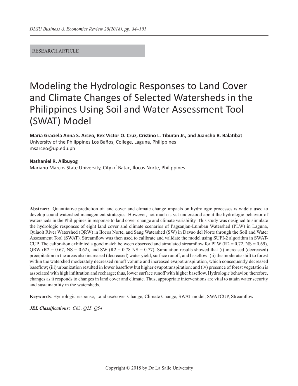 Modeling the Hydrologic Responses to Land Cover and Climate Changes of Selected Watersheds in the Philippines Using Soil and Water Assessment Tool (SWAT) Model