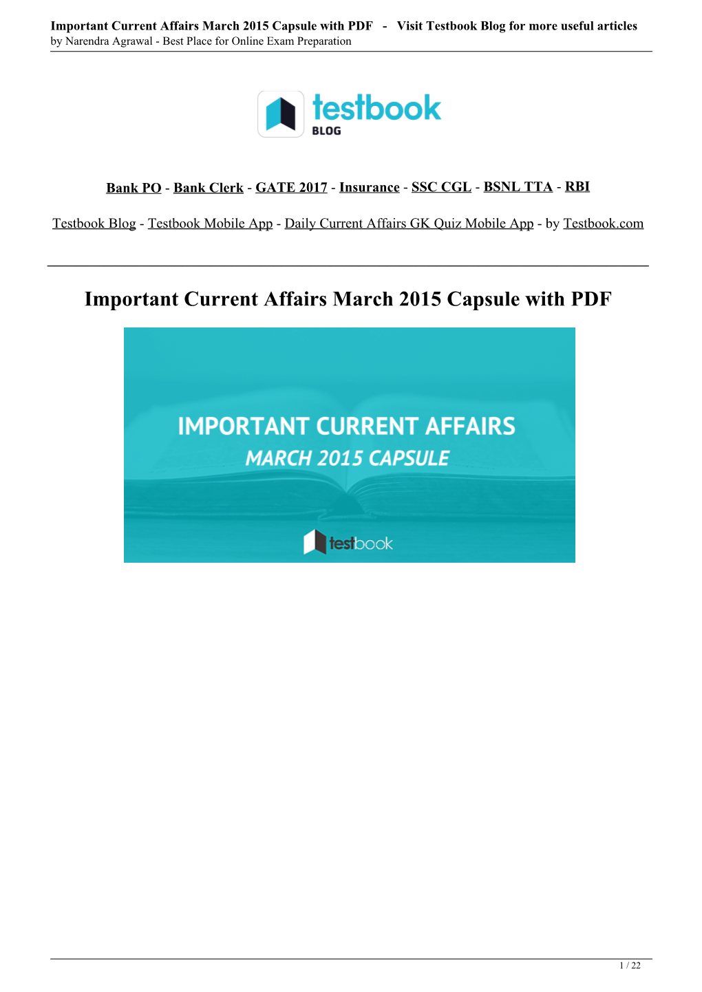 Important Current Affairs March 2015 Capsule with PDF - Visit Testbook Blog for More Useful Articles by Narendra Agrawal - Best Place for Online Exam Preparation