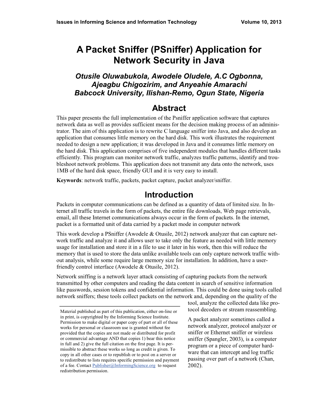 A Packet Sniffer (Psniffer) Application for Network Security in Java