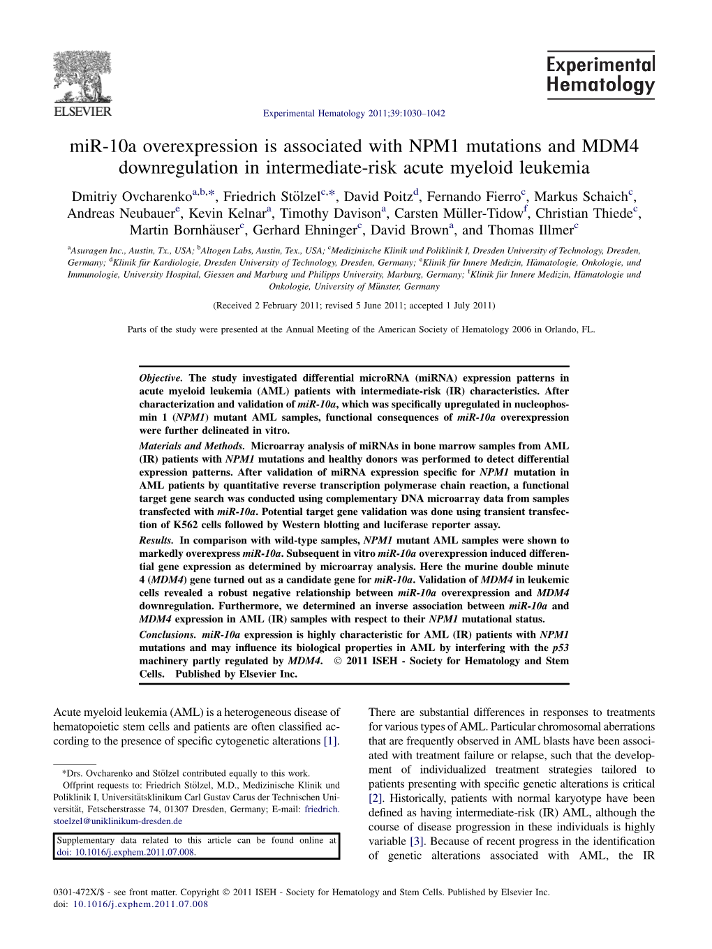 Mir-10A Overexpression Is Associated with NPM1 Mutations and MDM4