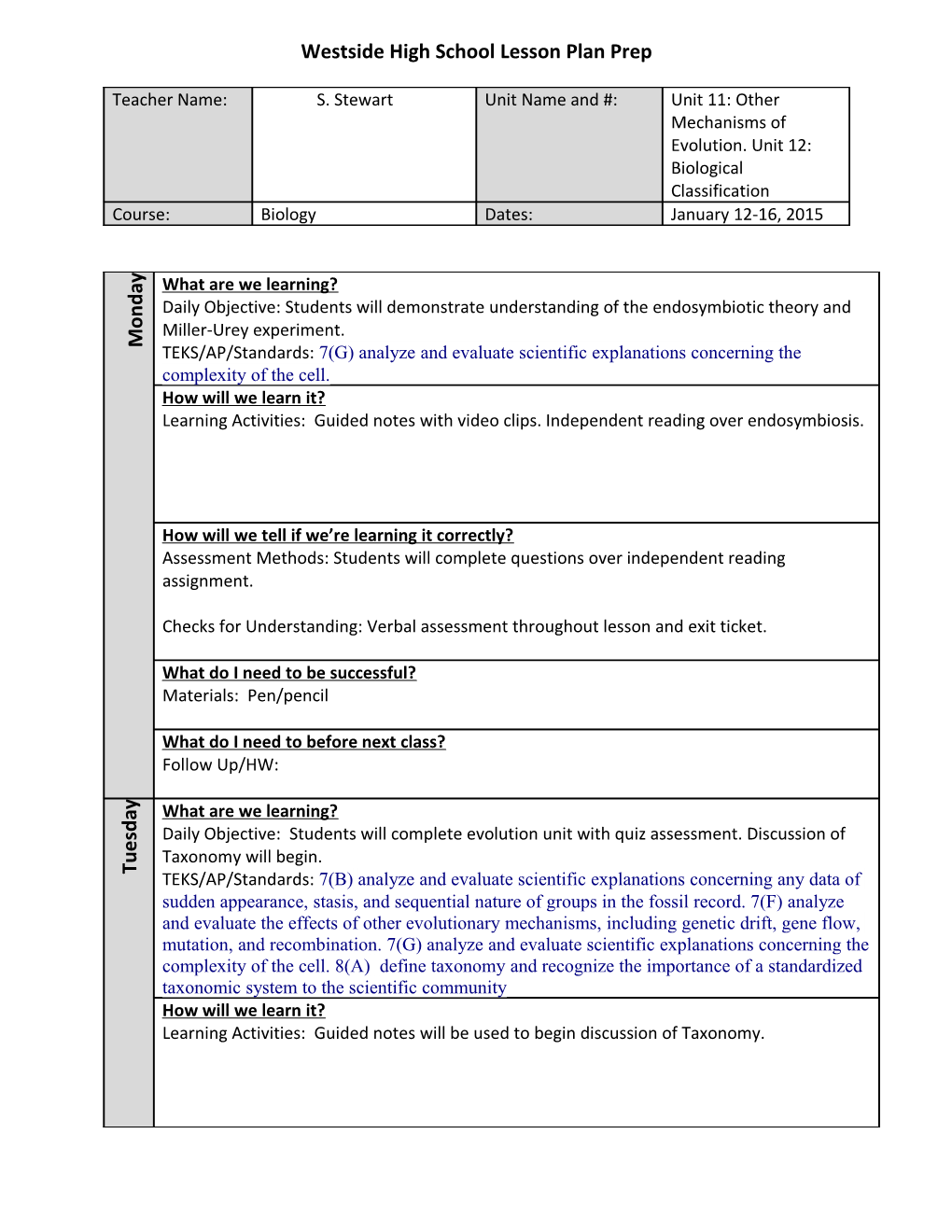 Westside High School Lesson Plan Prep s1