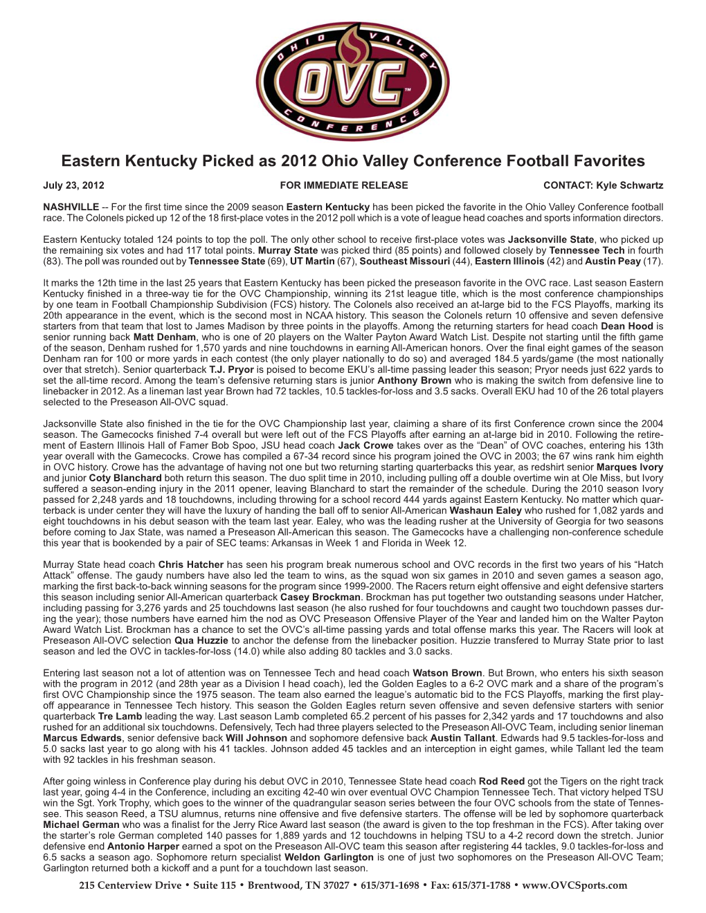 2012 OVC Preseason Football Release.Indd