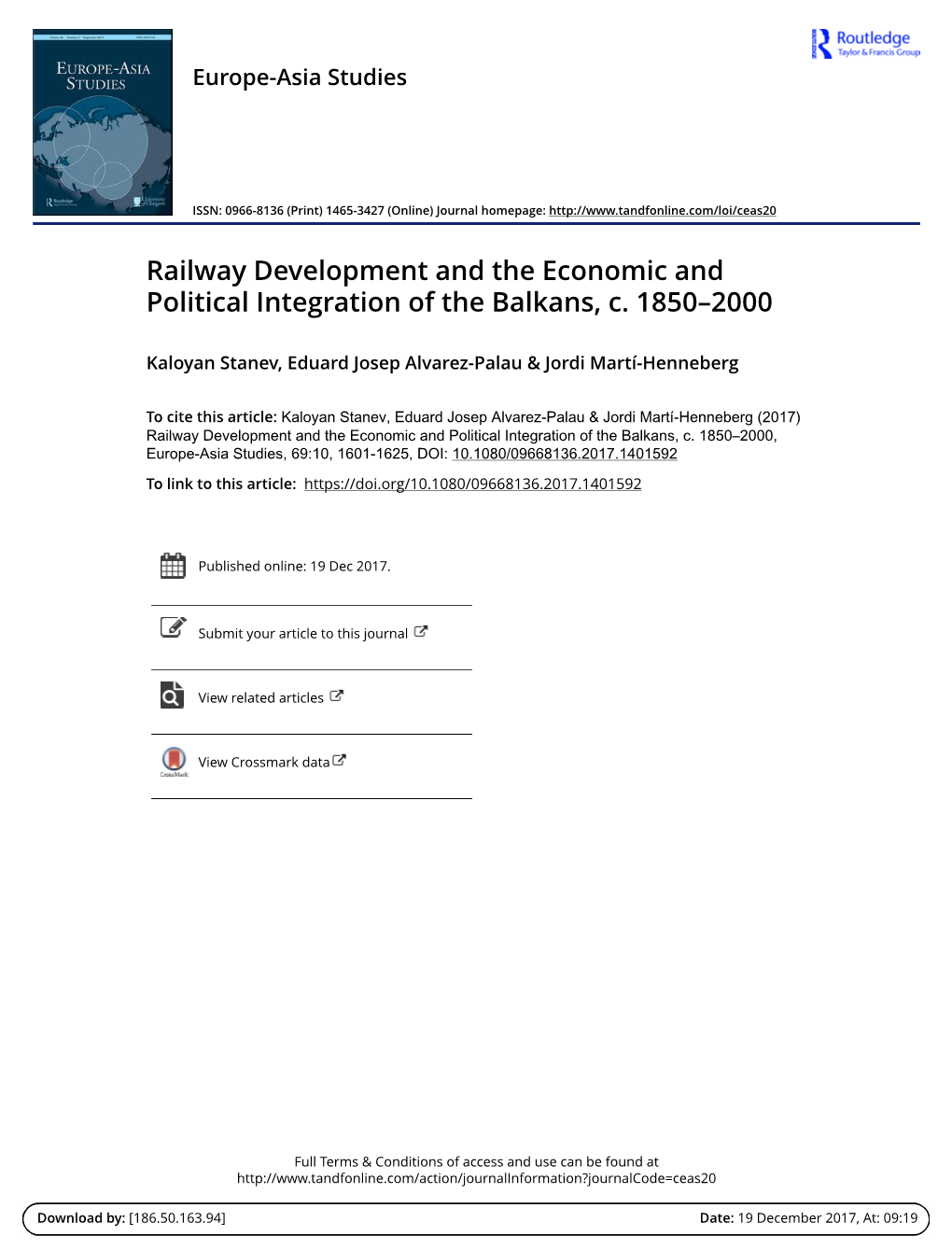 Railway Development and the Economic and Political Integration of the Balkans, C