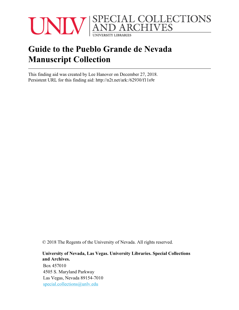 Guide to the Pueblo Grande De Nevada Manuscript Collection