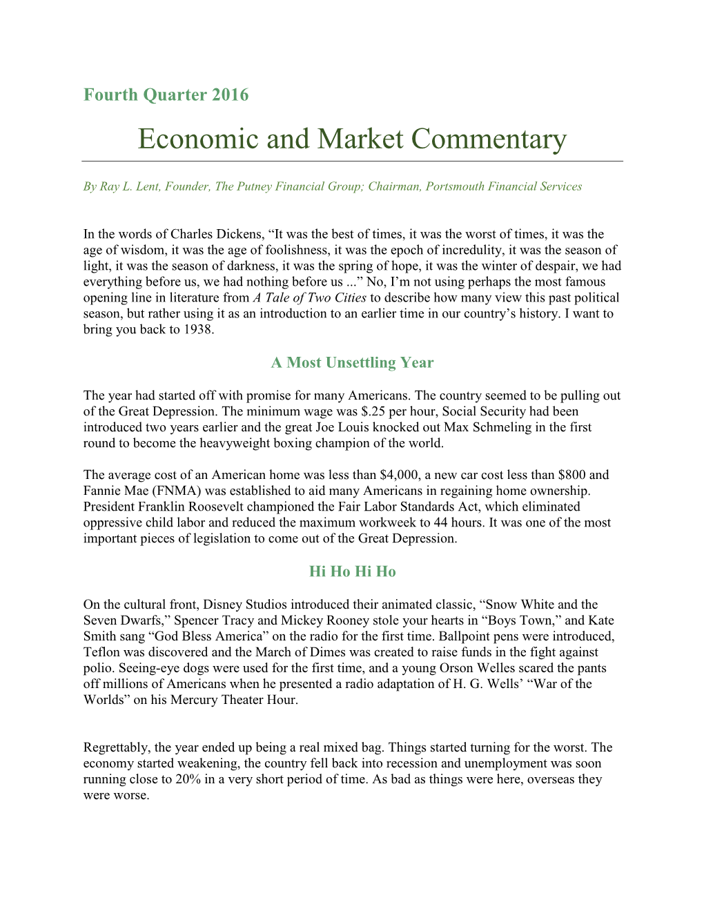 Economic and Market Commentary