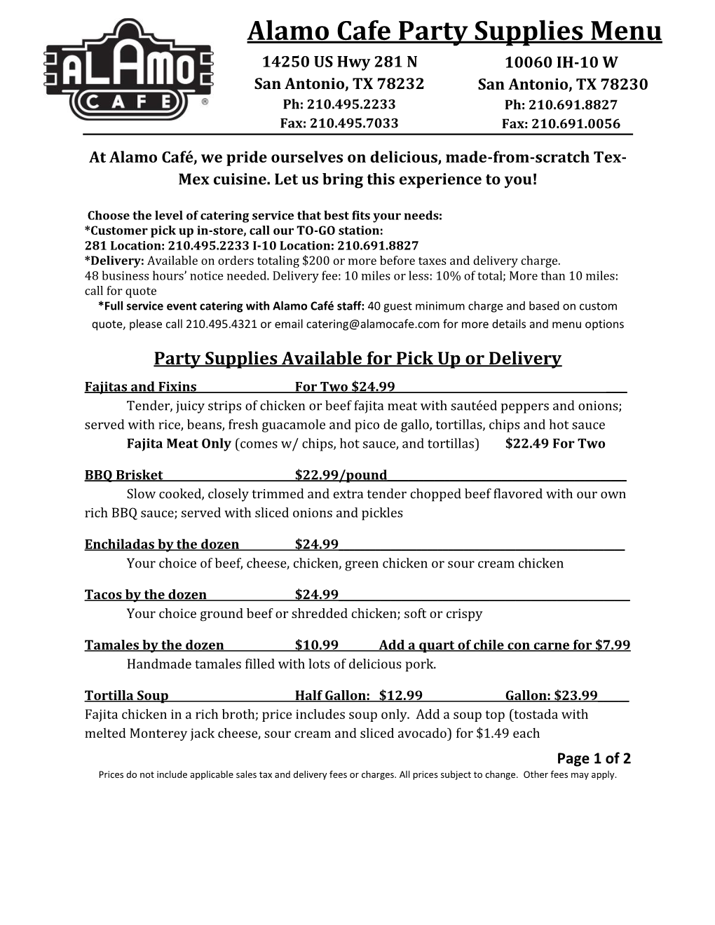 Alamo Cafe Party Supplies Menu