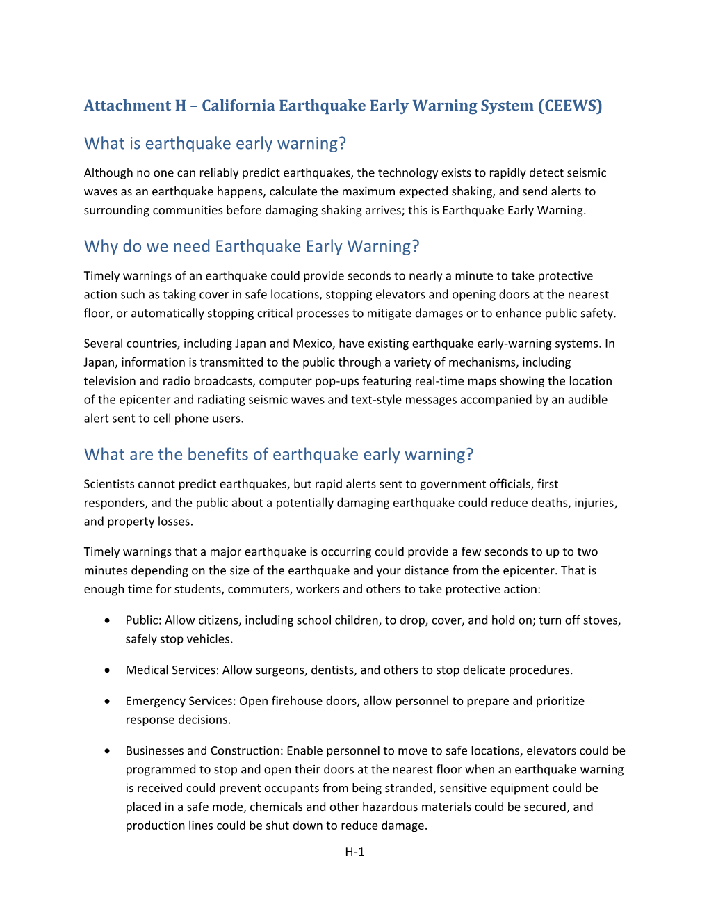 Attachment H – California Earthquake Early Warning System (CEEWS)