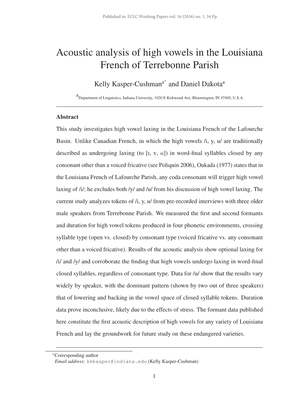 Acoustic Analysis of High Vowels in the Louisiana French of Terrebonne Parish