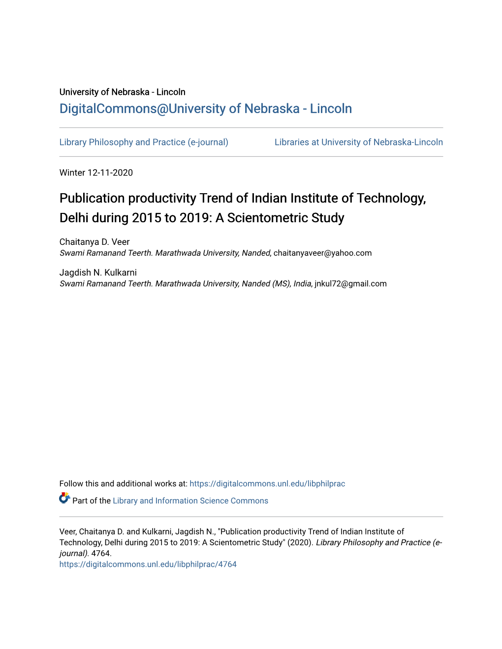 Publication Productivity Trend of Indian Institute of Technology, Delhi During 2015 to 2019: a Scientometric Study