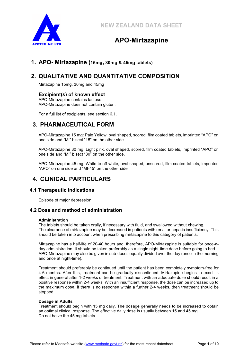 1. APO- Mirtazapine (15Mg, 30Mg & 45Mg Tablets)