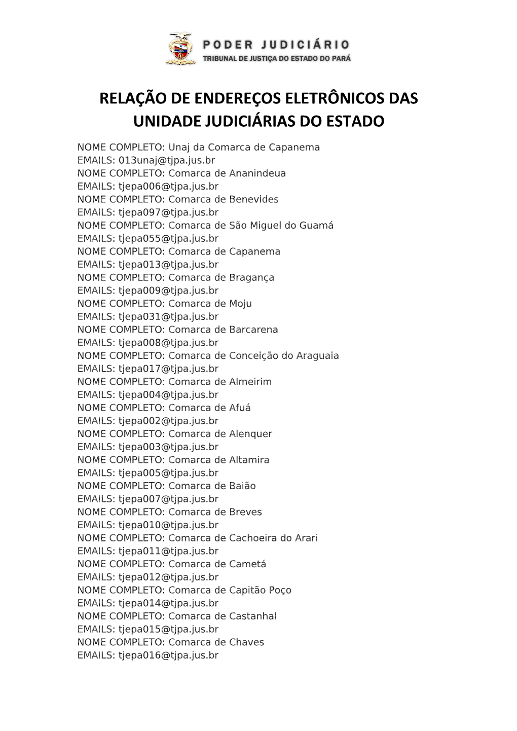 Relação De Endereços Eletrônicos Das Unidade Judiciárias Do Estado