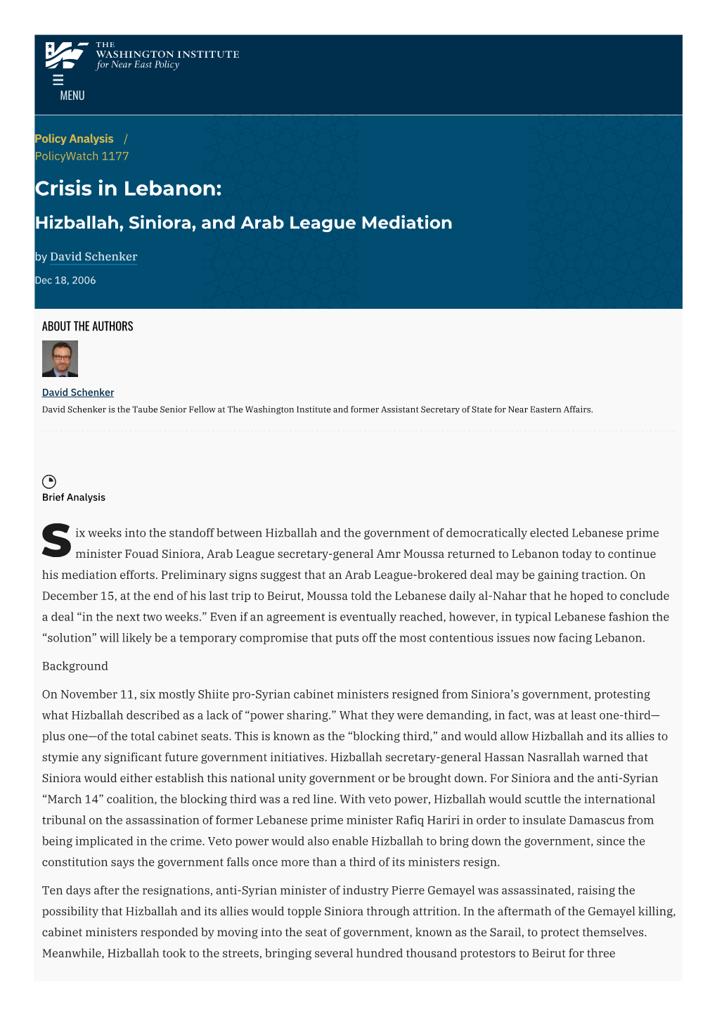 Hizballah, Siniora, and Arab League Mediation by David Schenker