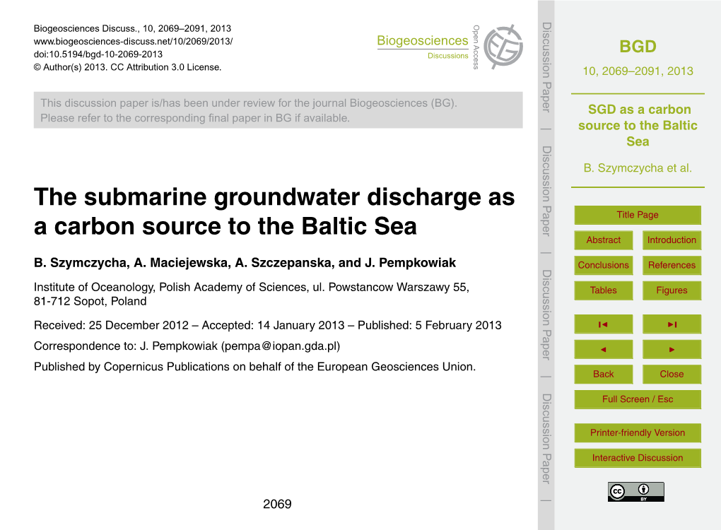 SGD As a Carbon Source to the Baltic Sea References B