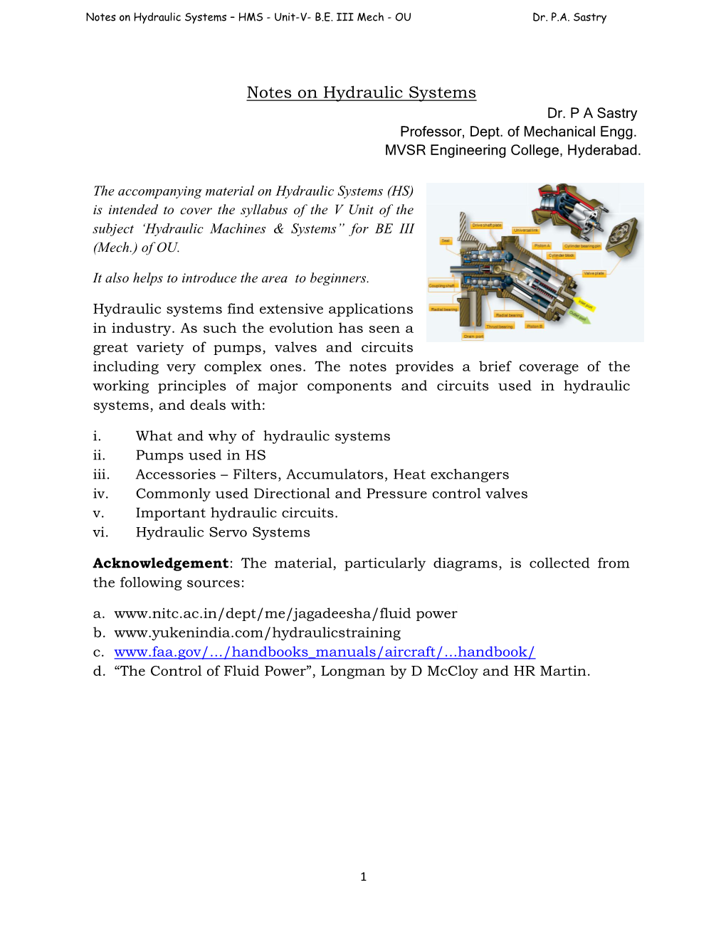 Notes on Hydraulic Systems – HMS - Unit-V- B.E