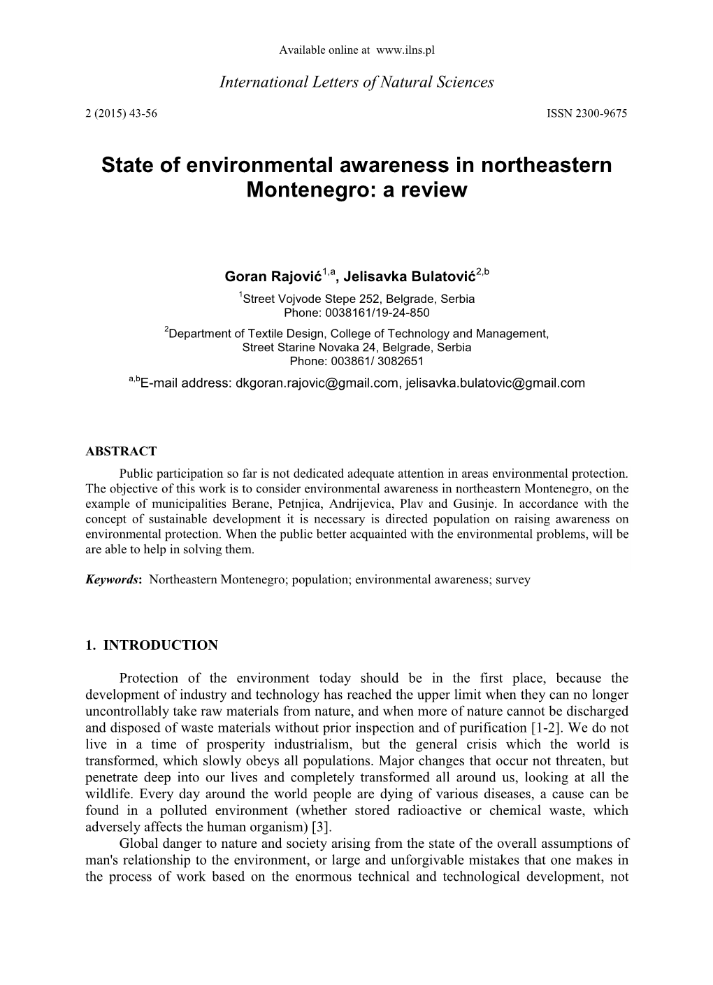 State of Environmental Awareness in Northeastern Montenegro: a Review