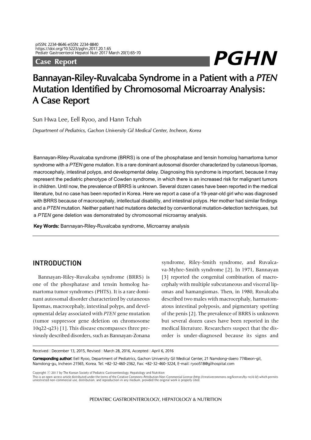 Bannayan-Riley-Ruvalcaba Syndrome in a Patient with a PTEN Mutation Identified by Chromosomal Microarray Analysis: a Case Report