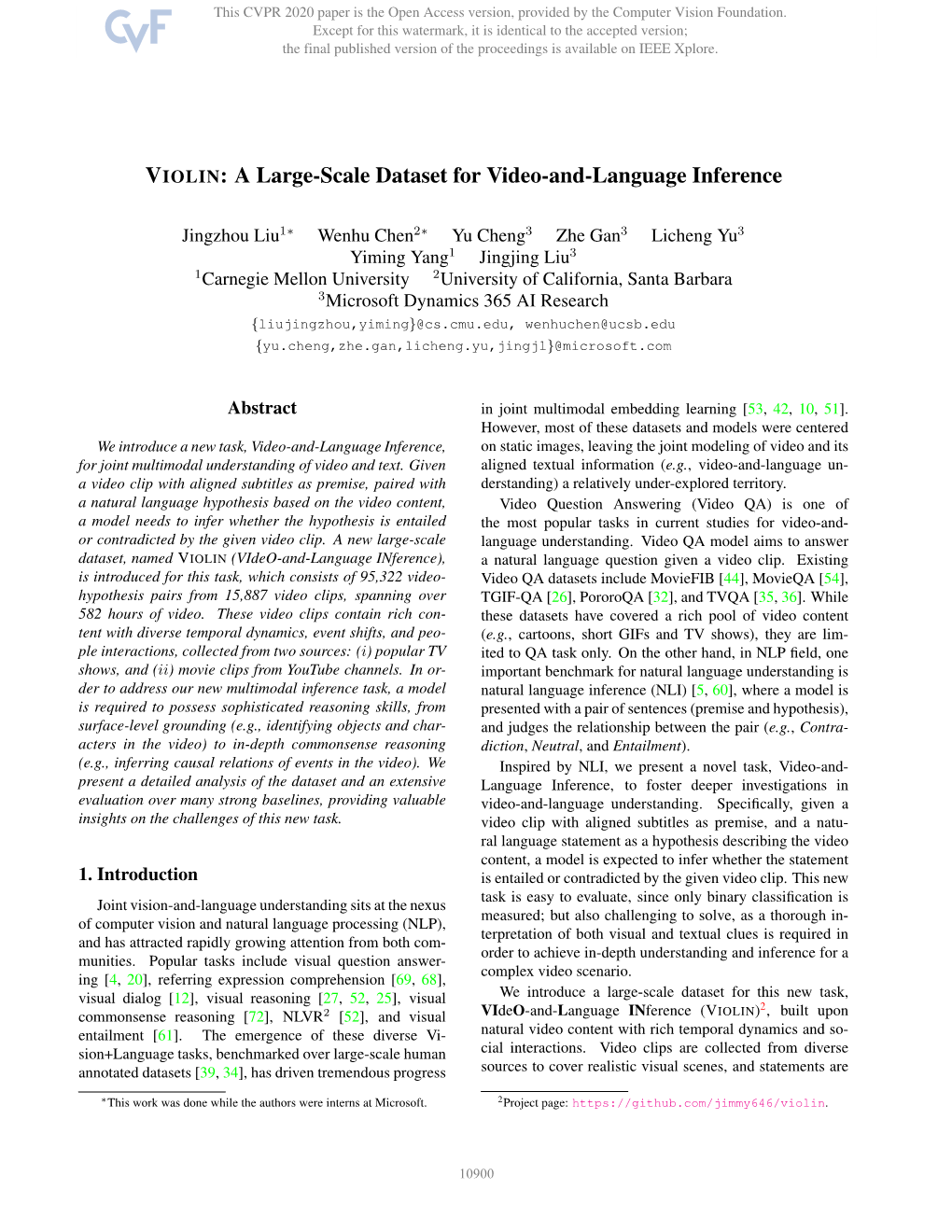 VIOLIN: a Large-Scale Dataset for Video-And-Language Inference