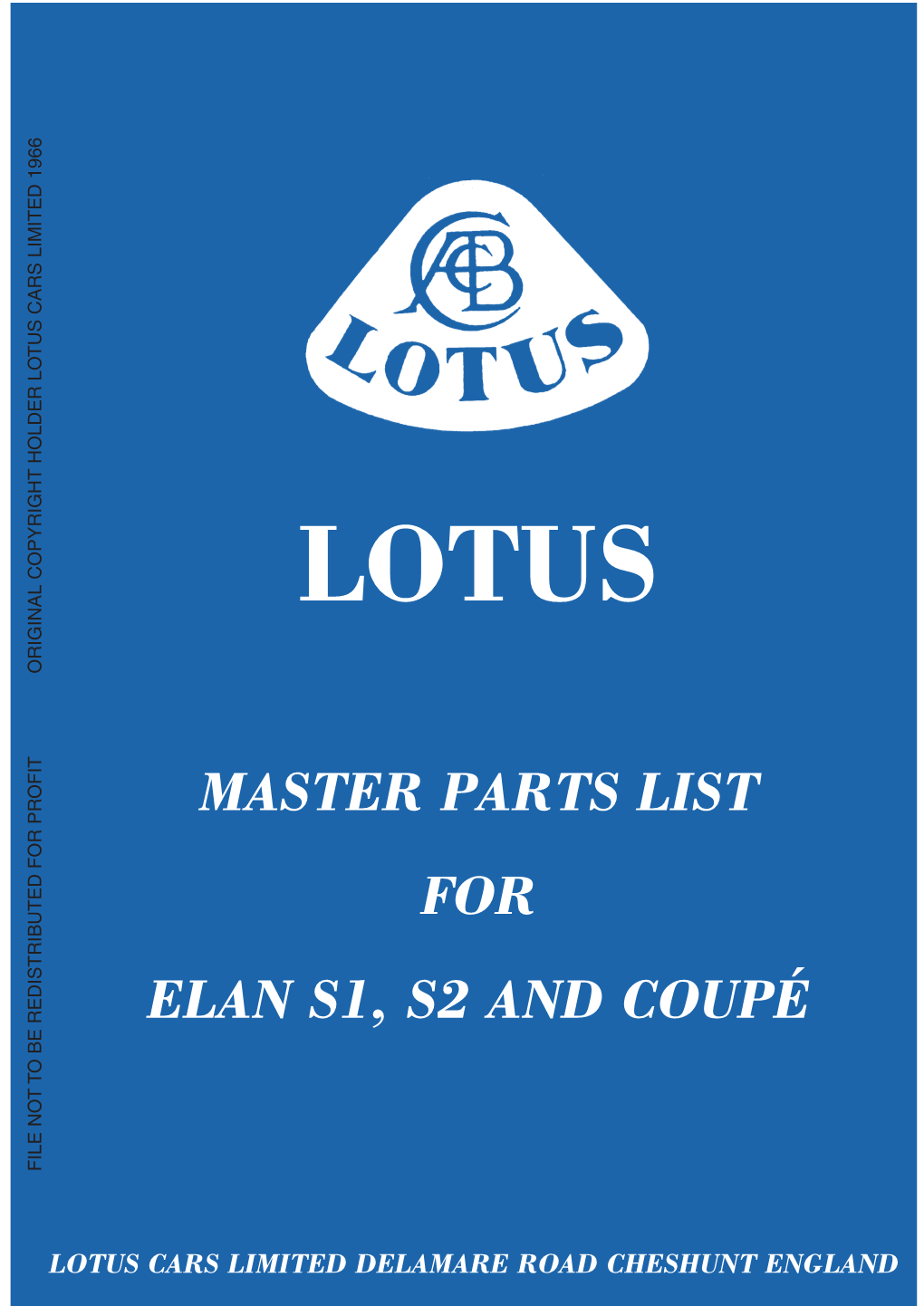 Lotus Master Parts List Elan S1, S2 and Coupe