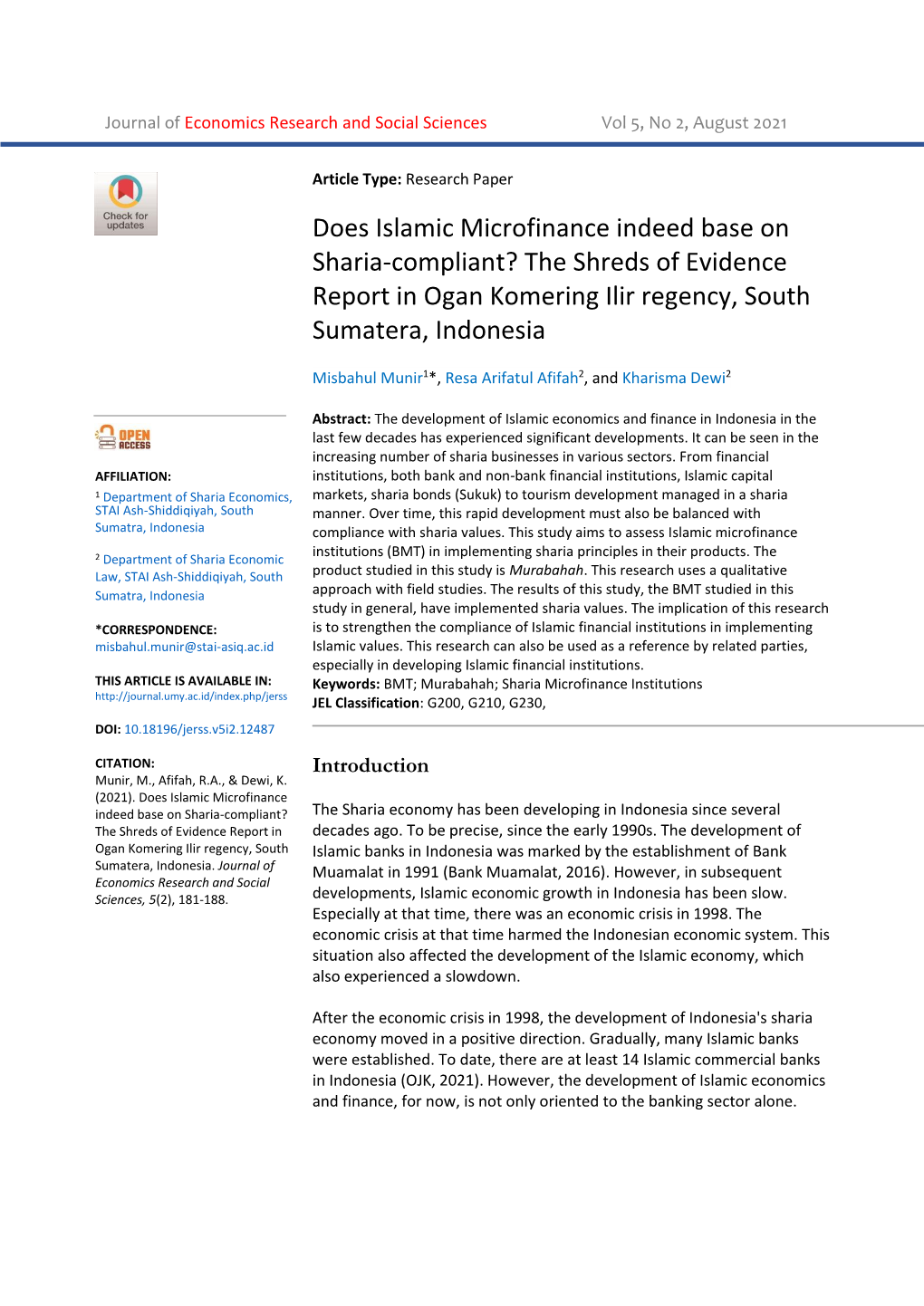Does Islamic Microfinance Indeed Base on Sharia-Compliant? the Shreds of Evidence Report in Ogan Komering Ilir Regency, South Sumatera, Indonesia
