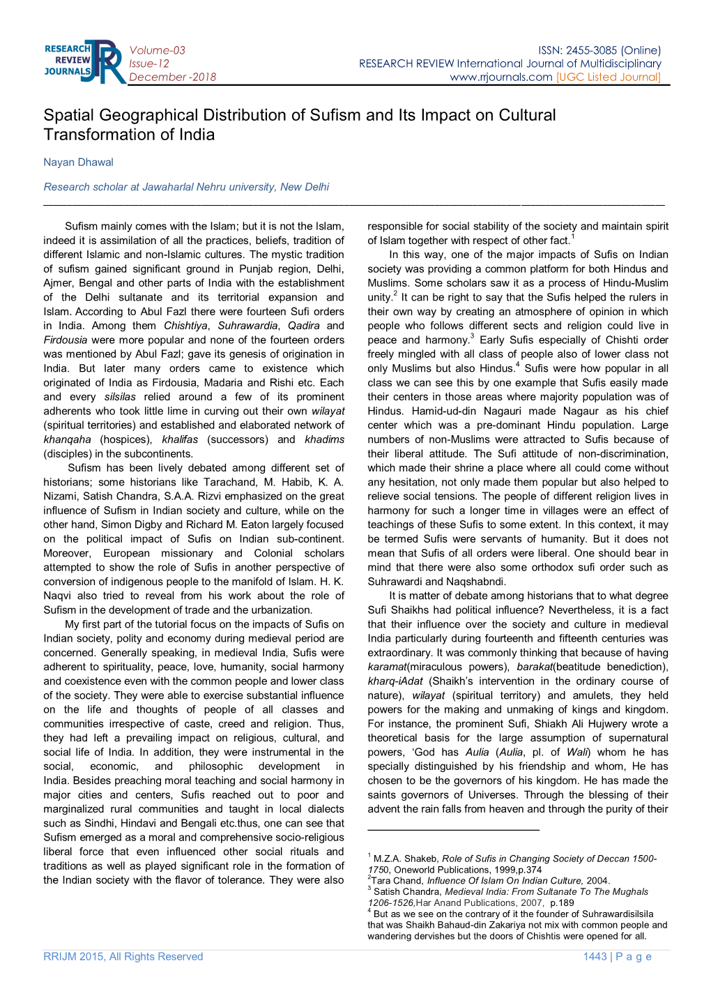 Spatial Geographical Distribution of Sufism and Its Impact on Cultural Transformation of India