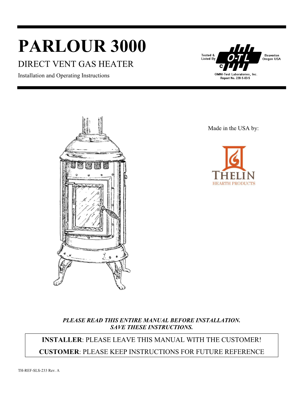 PARLOUR 3000 DIRECT VENT GAS HEATER Installation and Operating Instructions