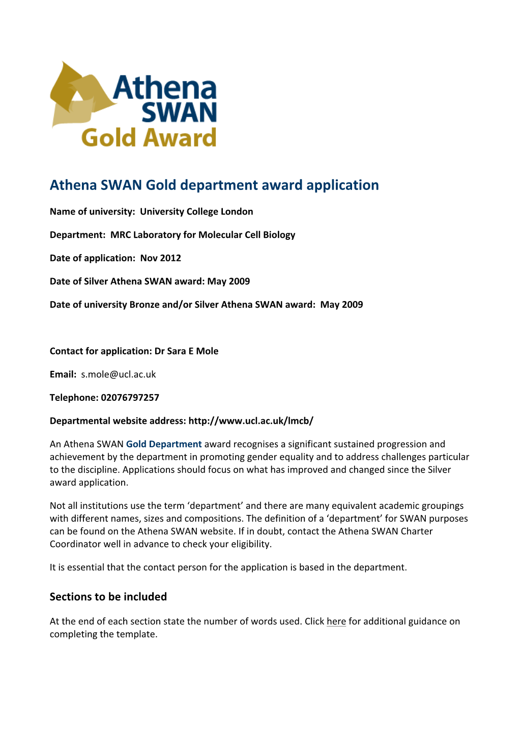 UCL LMCB Athena-SWAN Application Gold For