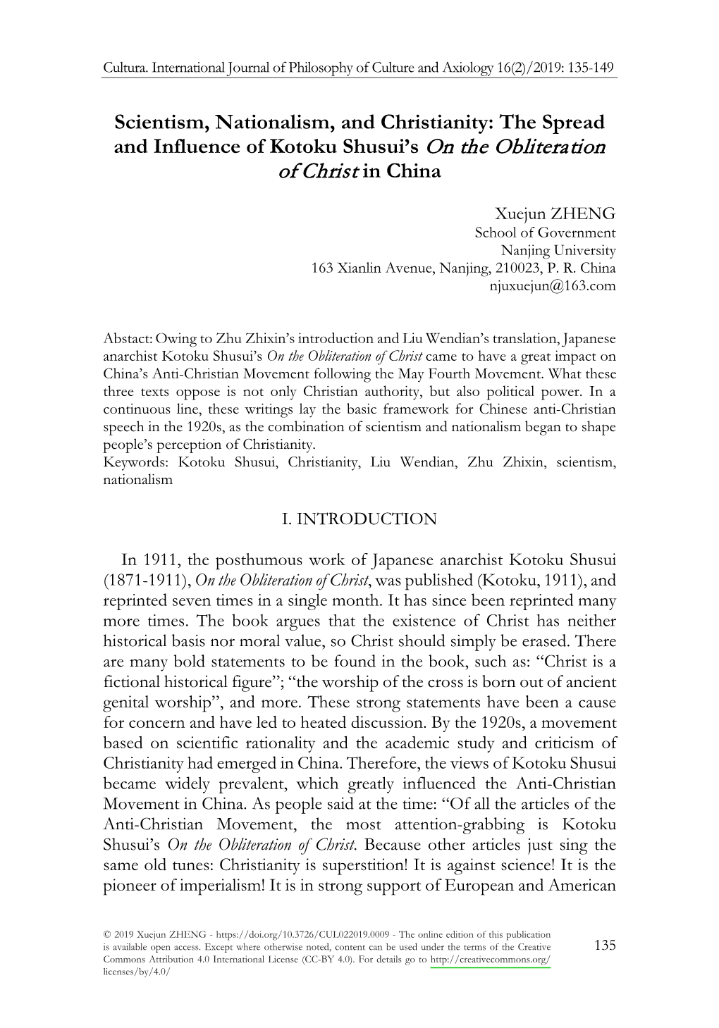 Scientism, Nationalism, and Christianity: the Spread and Influence of Kotoku Shusui’S on the Obliteration of Christ in China