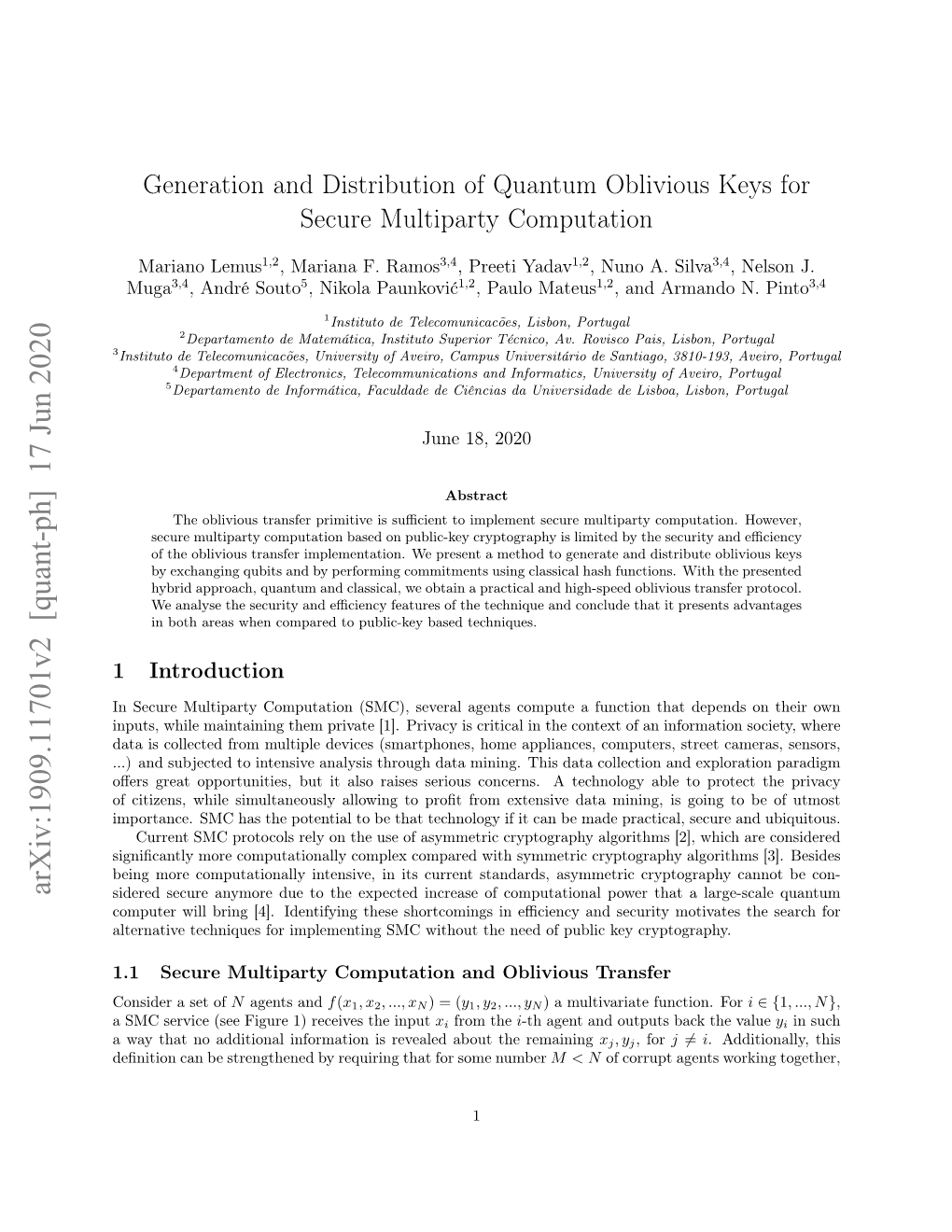 Generation and Distribution of Quantum Oblivious Keys for Secure Multiparty Computation