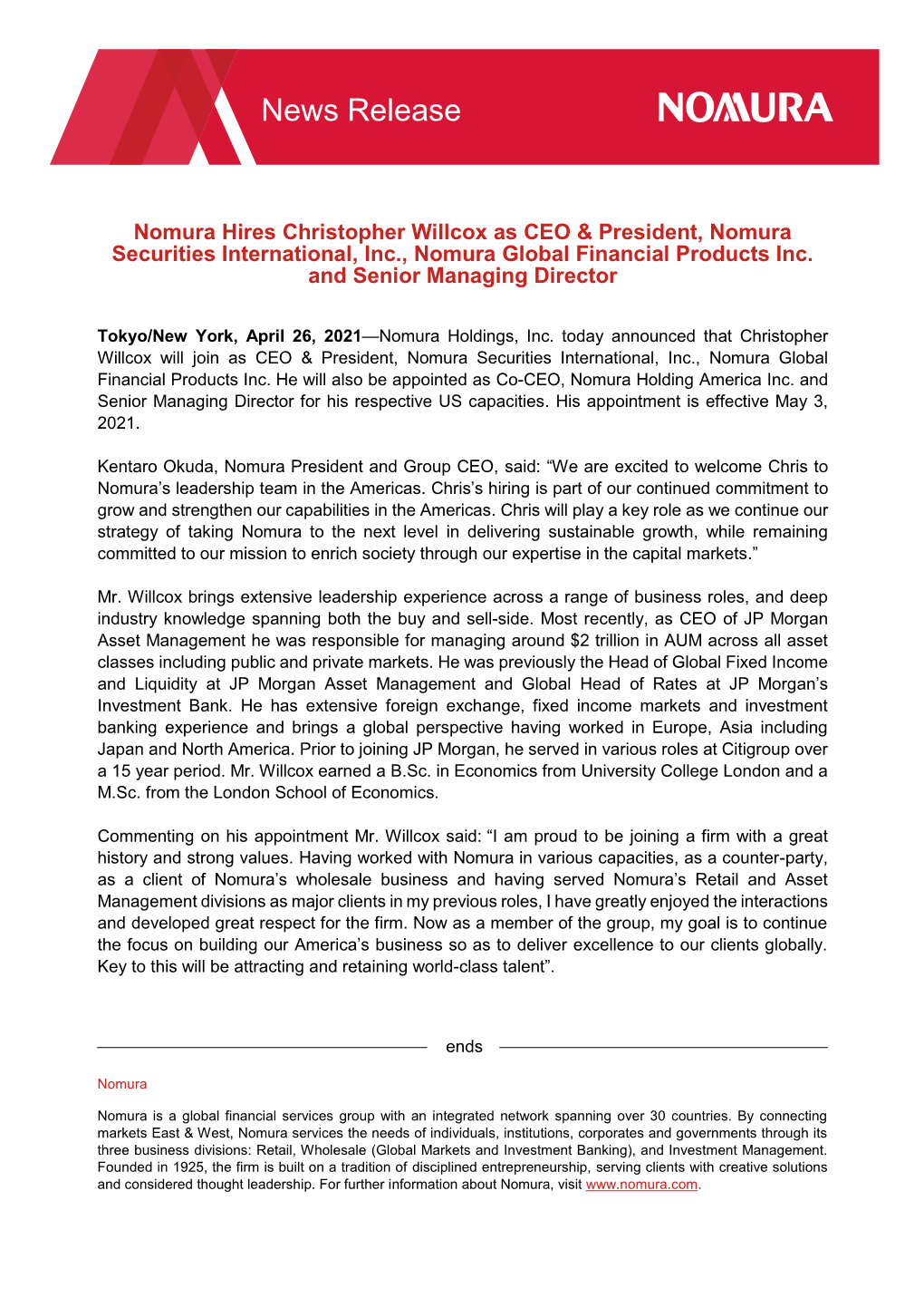 News Release Nomura Holdings Nomura Hires Christopher Willcox