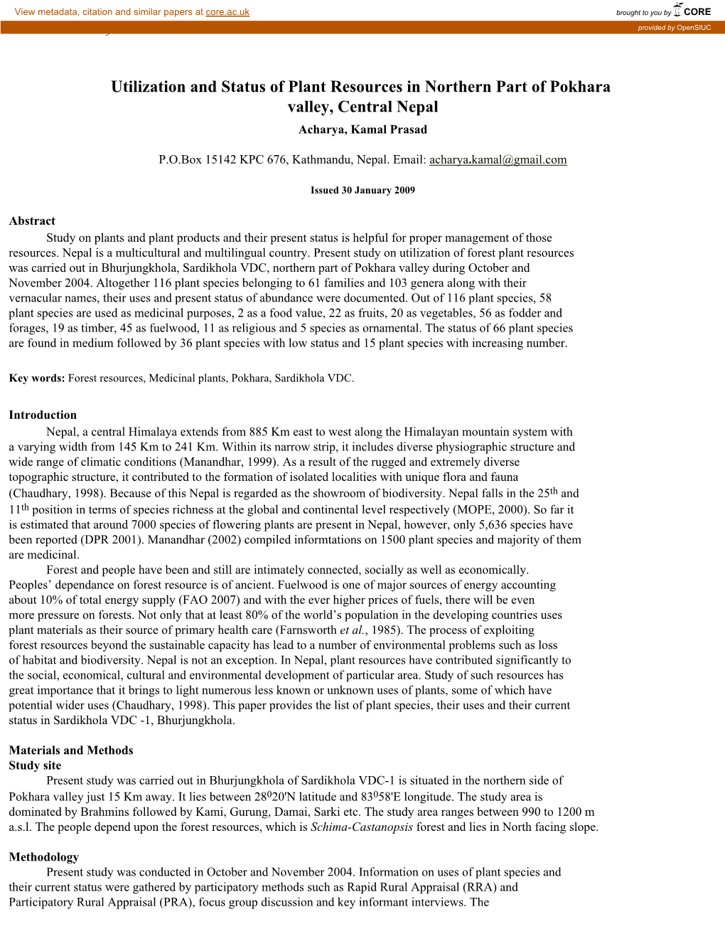 Utilization and Status of Plant Resources in Northern Part of Pokhara Valley, Central Nepal