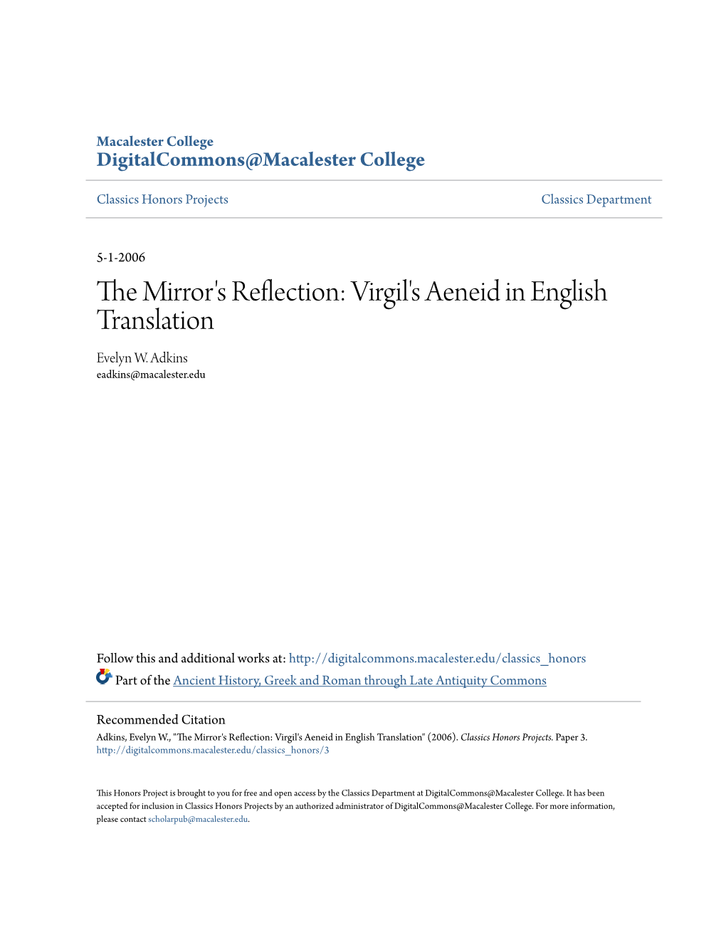 The Mirror's Reflection: Virgil's Aeneid in English Translation