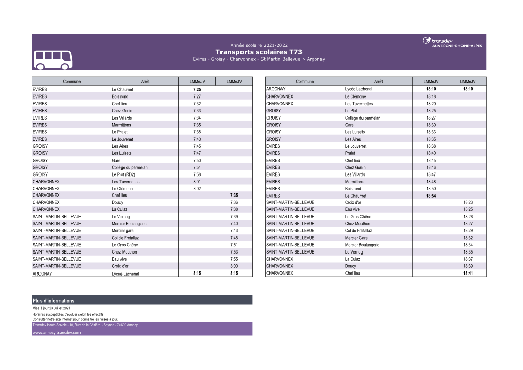 Adaptations Scolaires T73 – Evires /Charvonnex &lt;&gt; Argonay