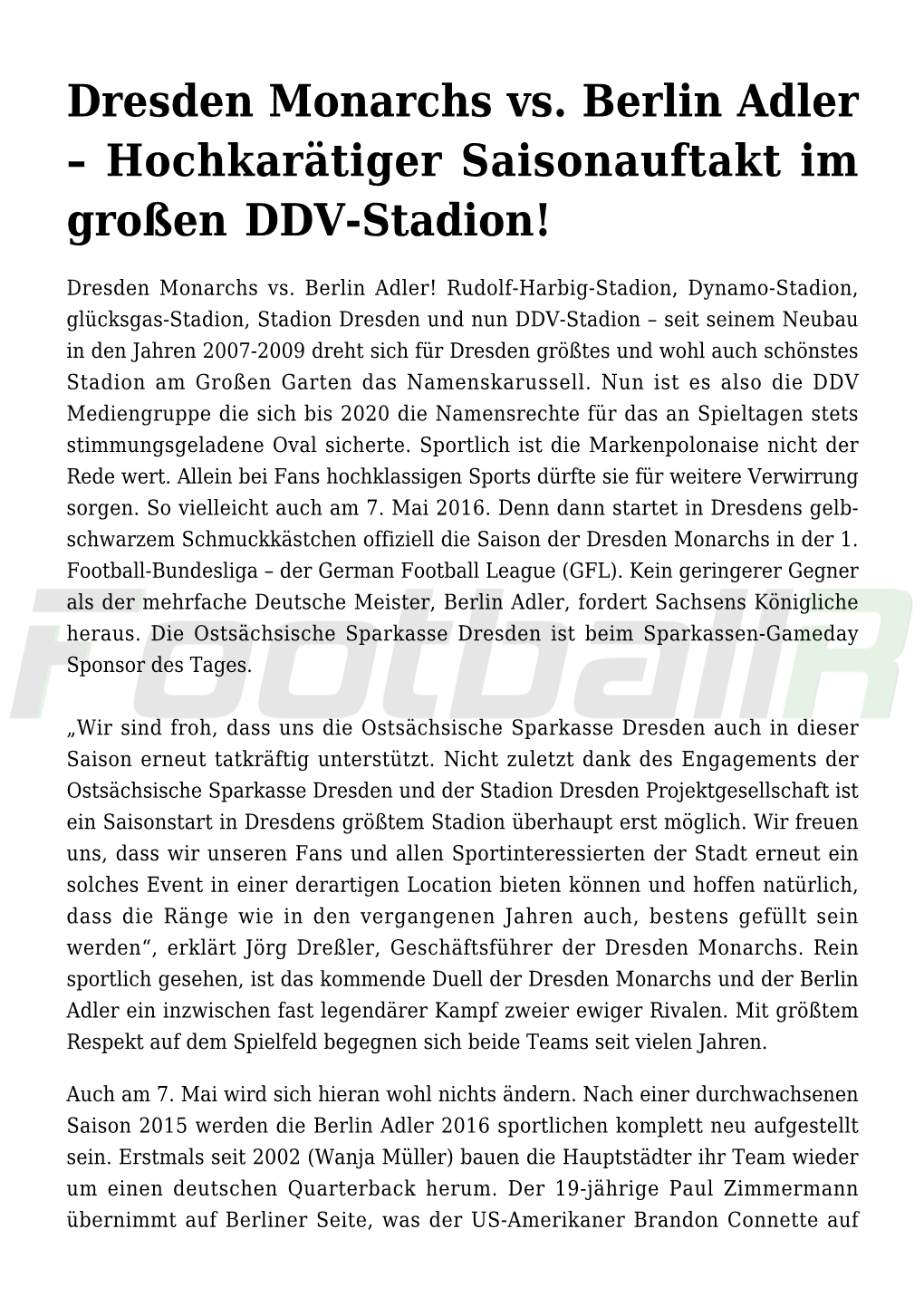 Dresden Monarchs Vs. Berlin Adler &#8211; Hochkarätiger Saisonauftakt Im Großen DDV-Stadion!