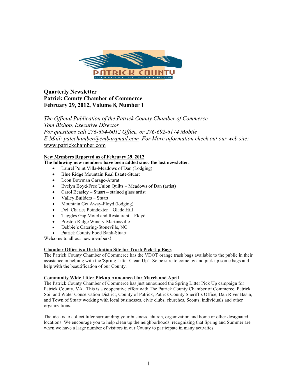 Quarterly Newsletter Patrick County Chamber of Commerce February 29, 2012, Volume 8, Number 1