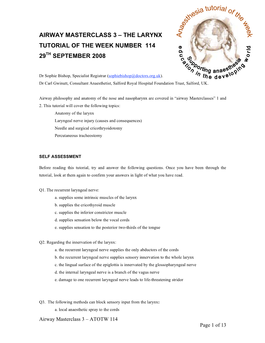 Airway Masterclass 3 – the Larynx Tutorial of the Week Number 114 29Th September 2008