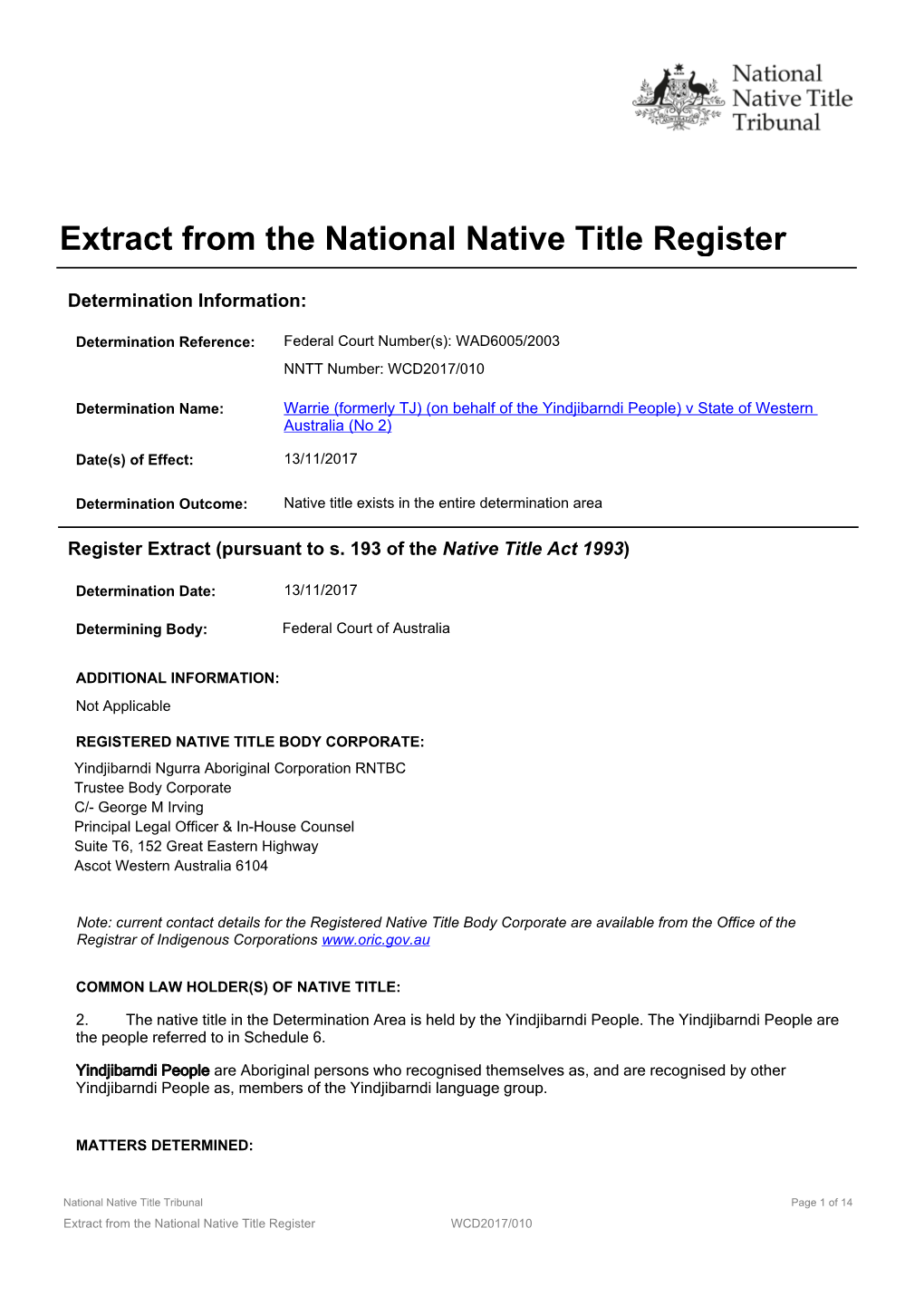 Extract from the National Native Title Register