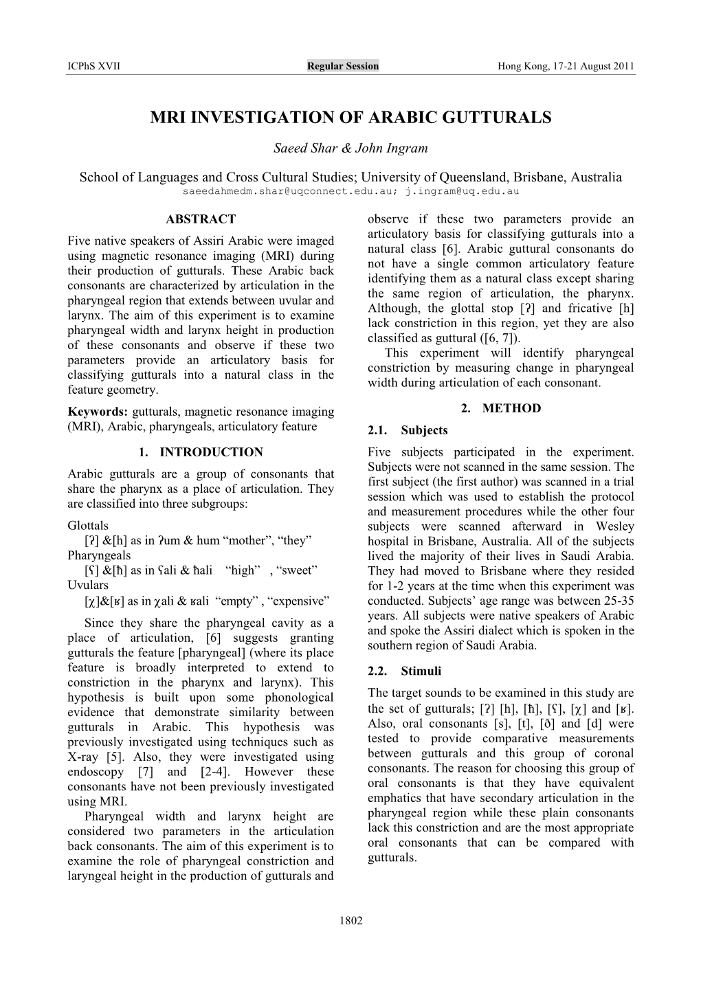 Mri Investigation of Arabic Gutturals