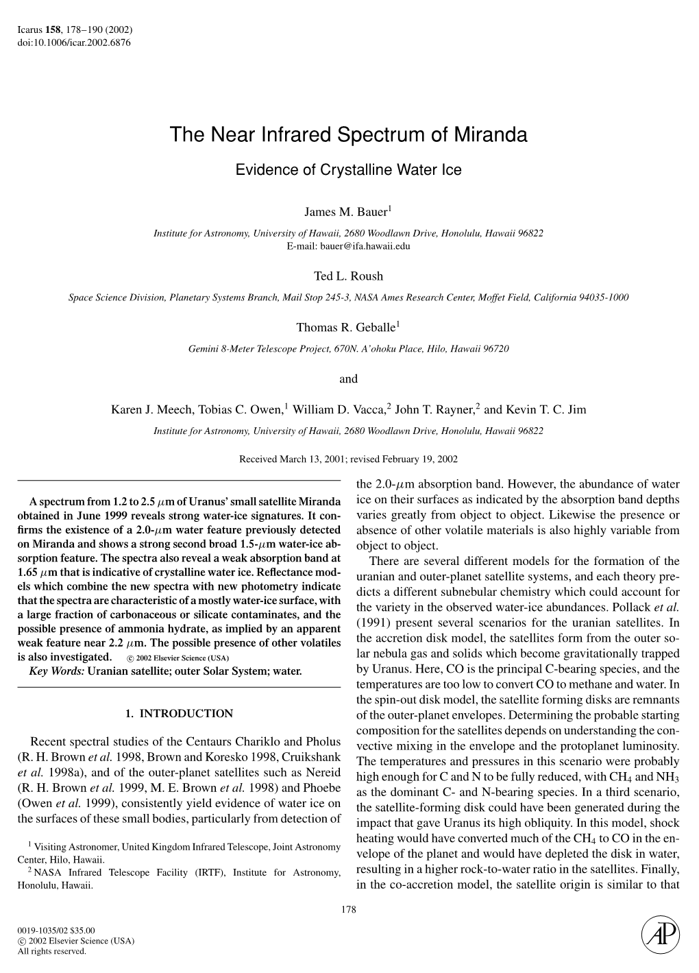 The Near Infrared Spectrum of Miranda Evidence of Crystalline