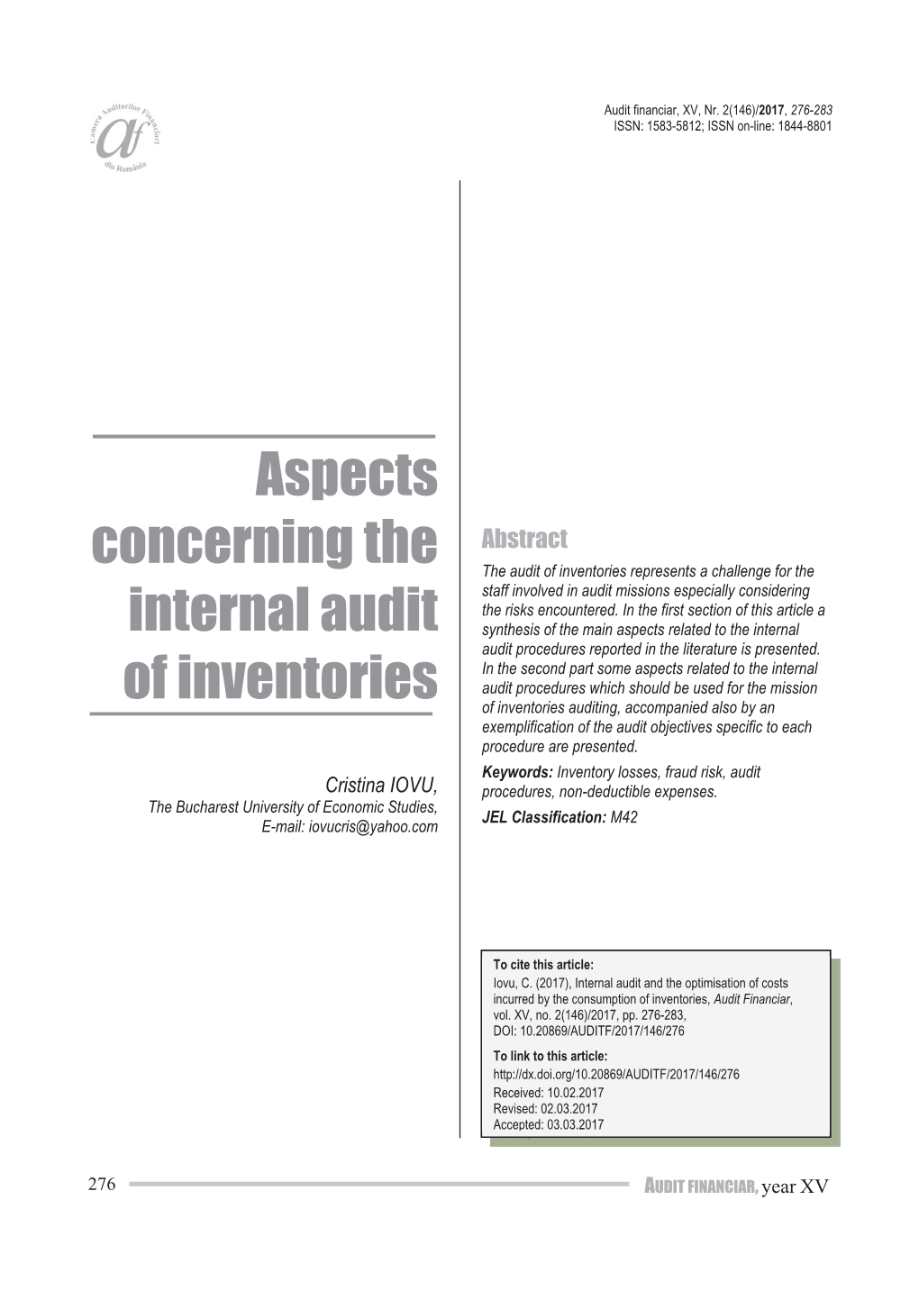 Aspects Concerning the Internal Audit of Inventories