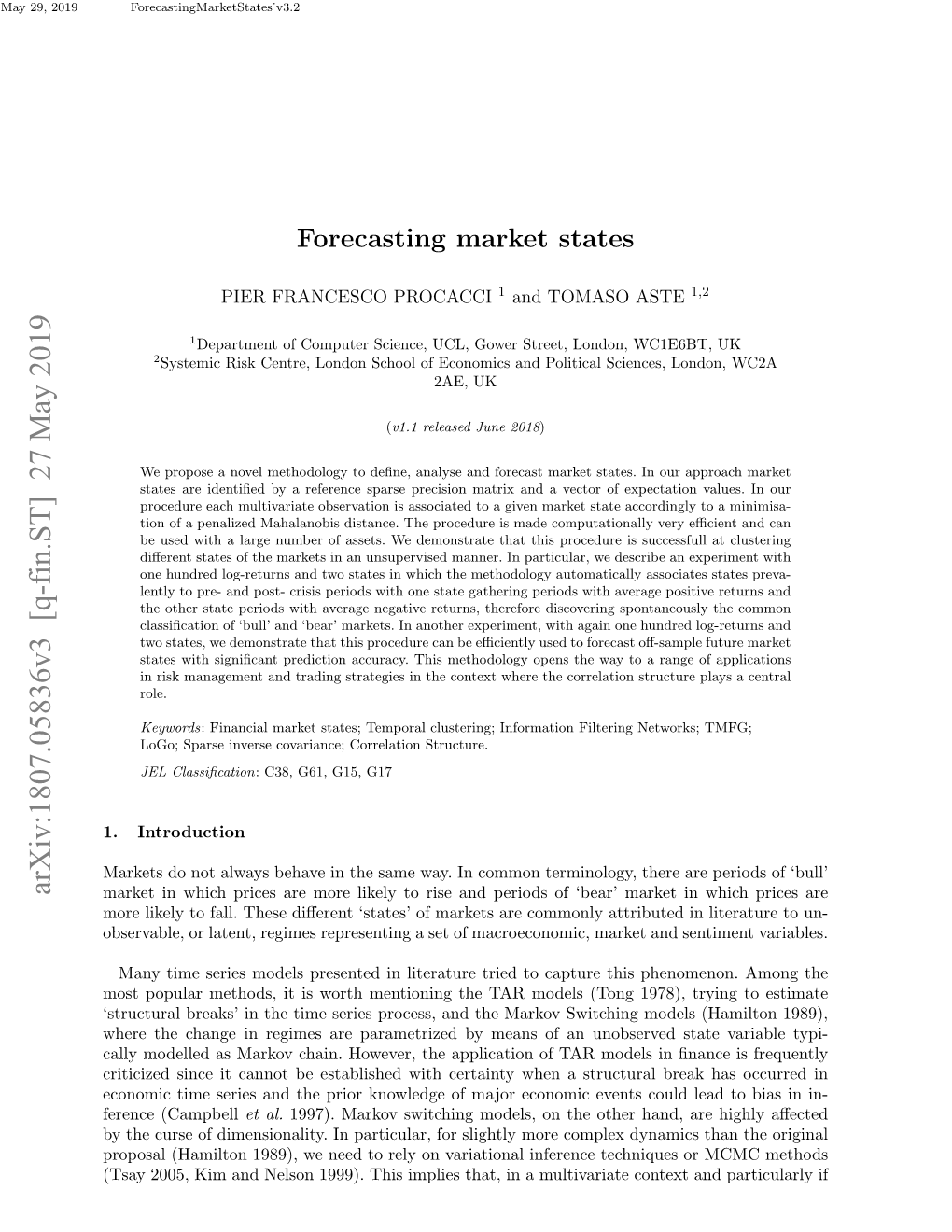 Arxiv:1807.05836V3 [Q-Fin.ST] 27 May 2019 Market in Which Prices Are More Likely to Rise and Periods of ‘Bear’ Market in Which Prices Are More Likely to Fall