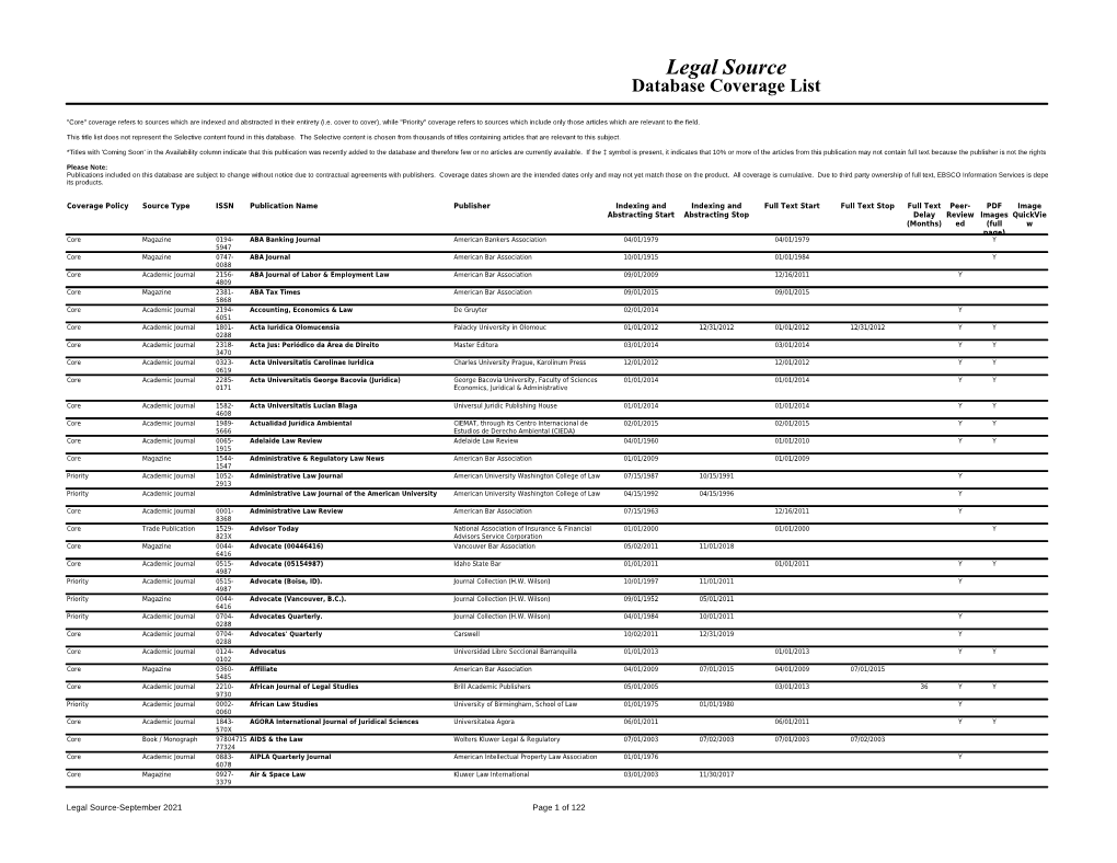 Legal Source Database Coverage List