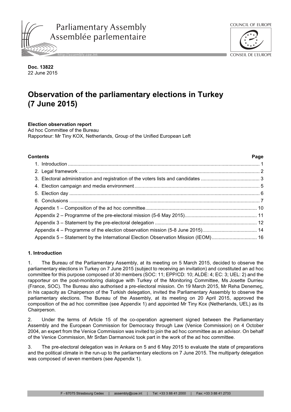 Observation of the Parliamentary Elections in Turkey (7 June 2015)