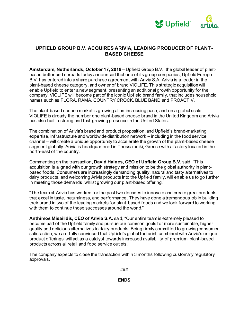 Upfield Group B.V. Acquires Arivia, Leading Producer of Plant- Based Cheese
